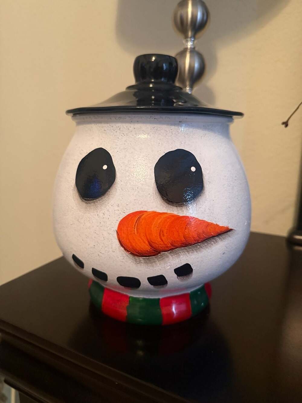 Hand Painted Glass Snowman Face Round Christmas Cookie Jar with Hat Lid